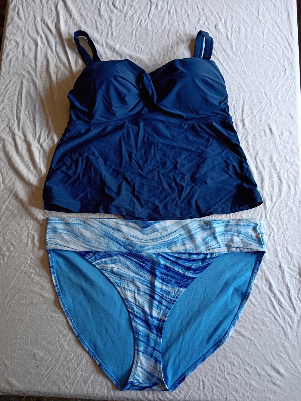 2X Women’s Navy Tankini Top and Blue Marble Bikini Bottoms Swim Set